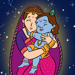 Illustration of a woman in a sari hugging a happy blue-skinned child under a starry sky