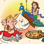 Cartoon Ganesh with modak, goddess on peacock, festive tray; Marathi toddler book theme