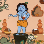 Illustration of young Krishna with butter pot, playful monkeys, and festive decor