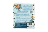 Back cover of a book with character and text on a white background