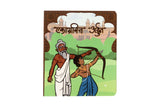 Marathi children’s book cover with illustrated guru teaching boy archery in palace garden