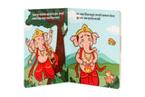 Illustrated Marathi toddler book showing Ganesha with a burning belly and animals in a forest scene