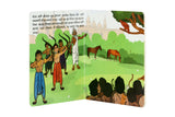 Children's Marathi book page showing archery scene with young boys, guru, horses, and trees.