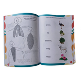An open page from a Sanskrit language learning book for children, containing coloring and matching exercises with Sanskrit words and illustrations of millet, a lotus, a cow, a custard apple, an ostrich, and fenugreek.