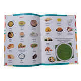 A two-page spread from a Sanskrit learning book for children, dedicated to food vocabulary. The left page presents illustrations and Sanskrit and English names for various savory dishes and snacks. The right page focuses on sweets and dairy, also with Sanskrit and English labels, and includes an activity to fill a traditional Indian plate (thali) with these food items.